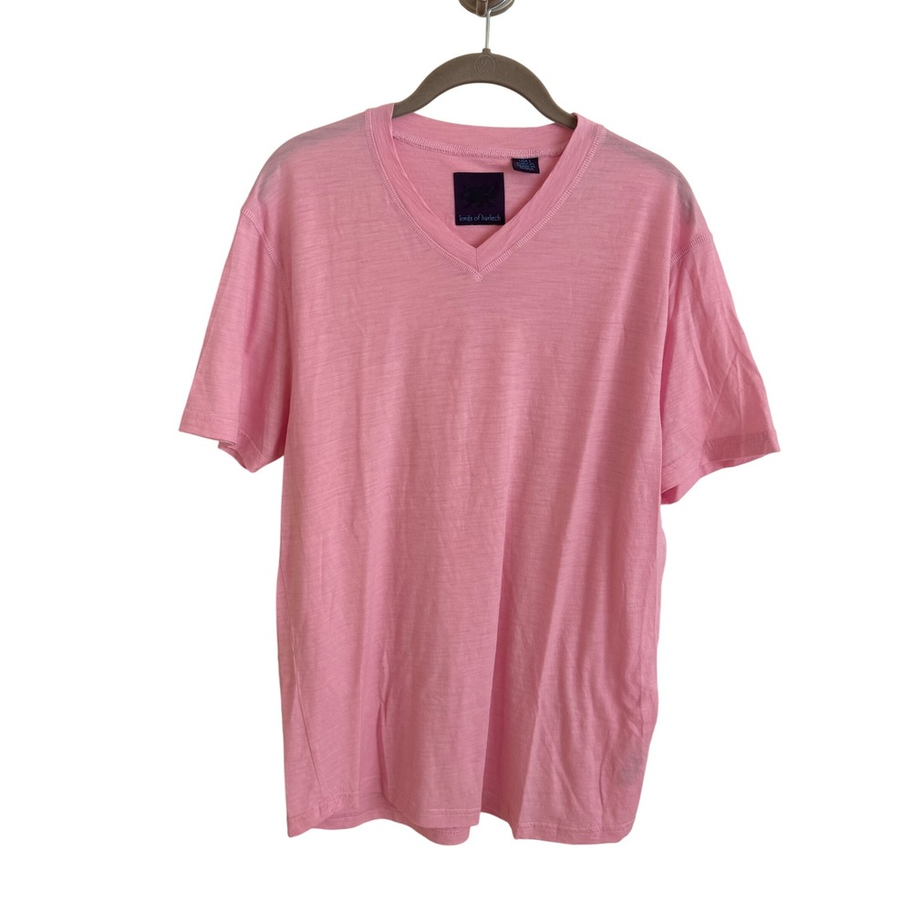 Lords of Harlech Mens Pink 100% Wool V-Neck Slub Texture T-Shirt Size Large